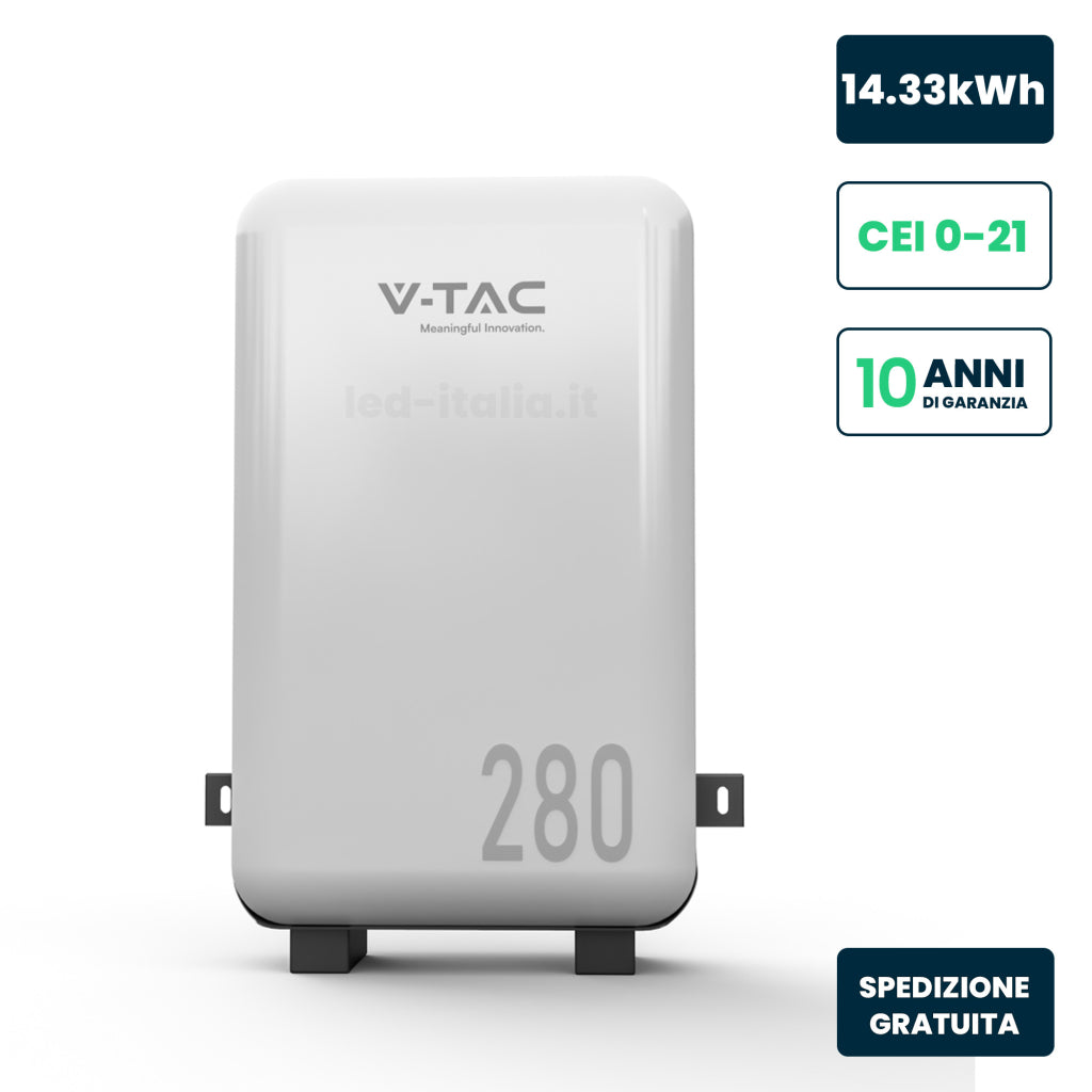 V-TAC Batteria di Accumulo 14.33kWh al Litio-Ferro-Fosfato LiFePO4 BMS Integrato per Inverter Fotovoltaici CEI 0-21 51.2V 280Ah IP65 Garanzia 10 Anni V-TAC Batteria di Accumulo 14.33kWh al Litio-Ferro-Fosfato LiFePO4 BMS Integrato per Inverter Fotovoltaici CEI 0-21 51.2V 280Ah IP65 Garanzia 10 Anni